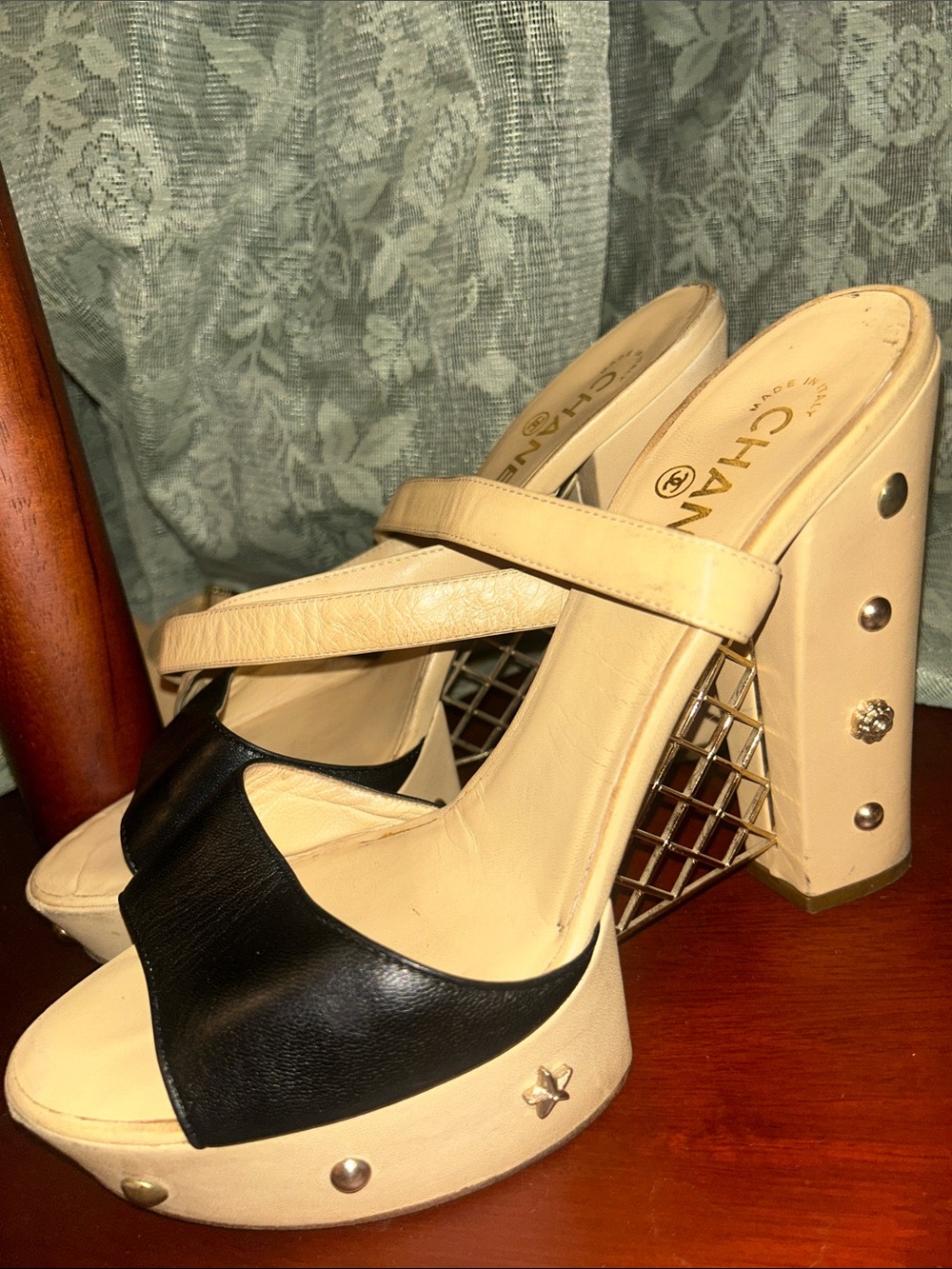 Chanel Two-Tone Beige and Black Platform Sandal Heels with Charms